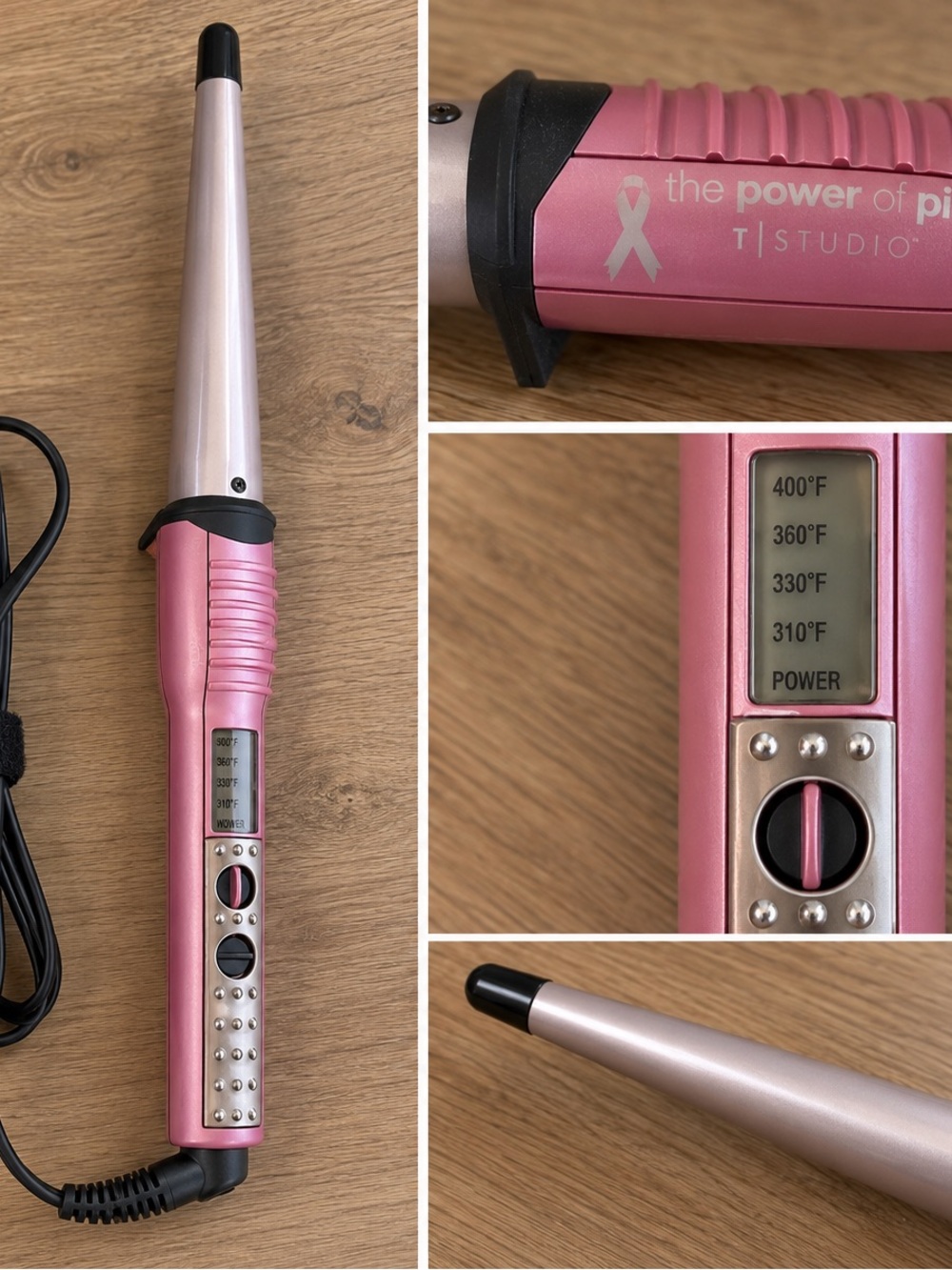 T Studio Pink Tapered Curling Wand with Digital Temp Settings